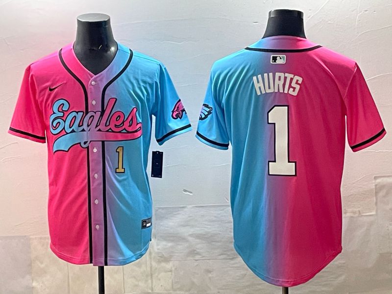 Men 2025 Philadelphia Eagles #1 Hurts Blue pink Nike Limited NFL Jersey style 04